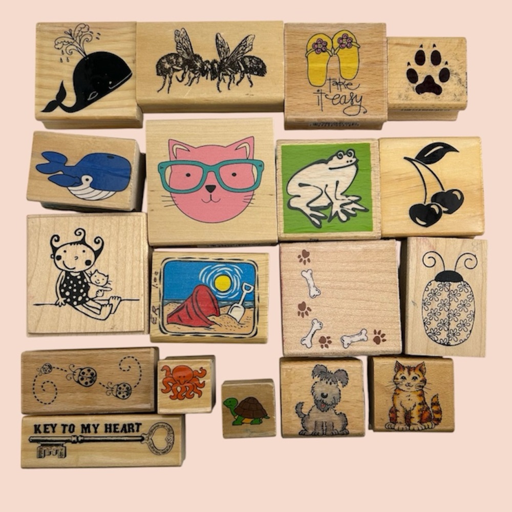 Lot of 18 Wood Mounted Stamps